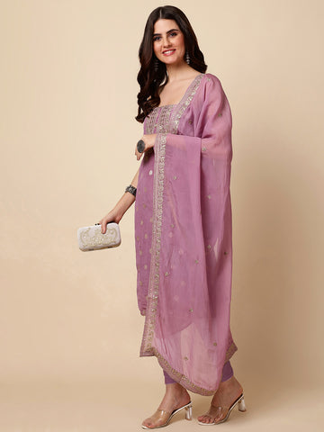 Neck Embroidered Chanderi Unstitched Suit With Dupatta