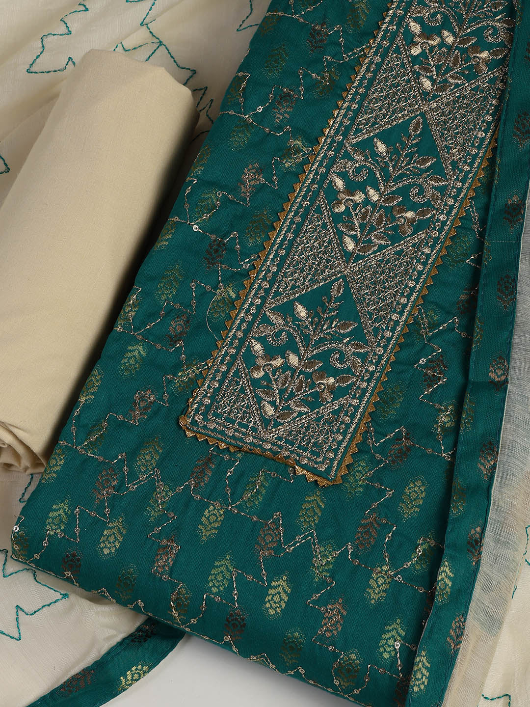 Neck Embroidered Cotton Blend Unstitched Suit With Dupatta