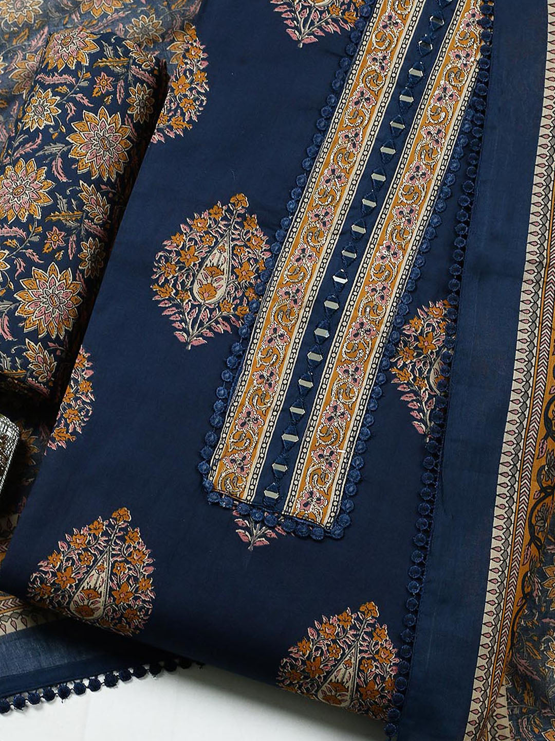 Embroidered Cotton Blend Unstitched Suit With Pant Dupatta