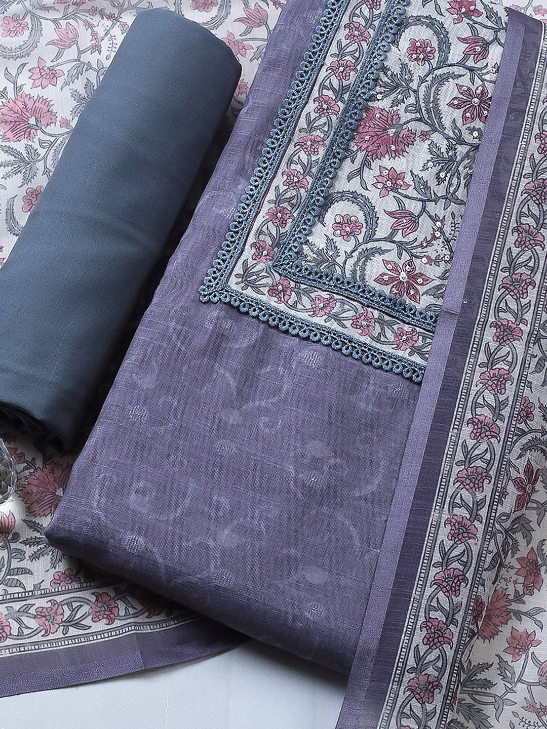 Embroidered Cotton Blend Unstitched Suit With Pant &amp; Dupatta