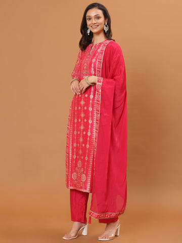 Banarasi Printed Embroidery Kurta With Pants & Dupatta