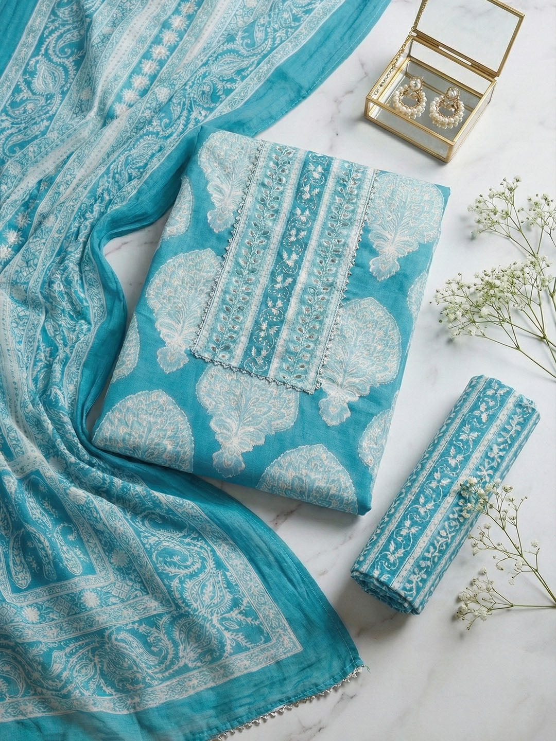 Printed Cotton Blend Unstitched Suit With Pant &amp; Dupatta