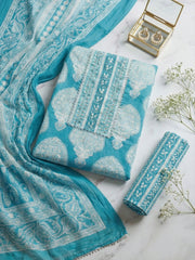 Printed Cotton Blend Unstitched Suit With Pant & Dupatta