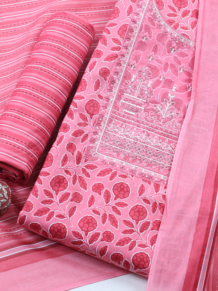 Embroidered Cotton Blend Unstitched Suit With Pant &amp; Dupatta