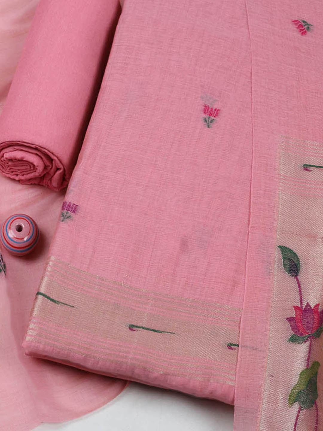 Embroidered Chanderi Unstitched Suit With Pant &amp; Dupatta
