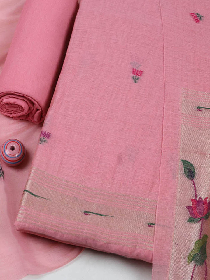 Embroidered Chanderi Unstitched Suit With Pant &amp; Dupatta