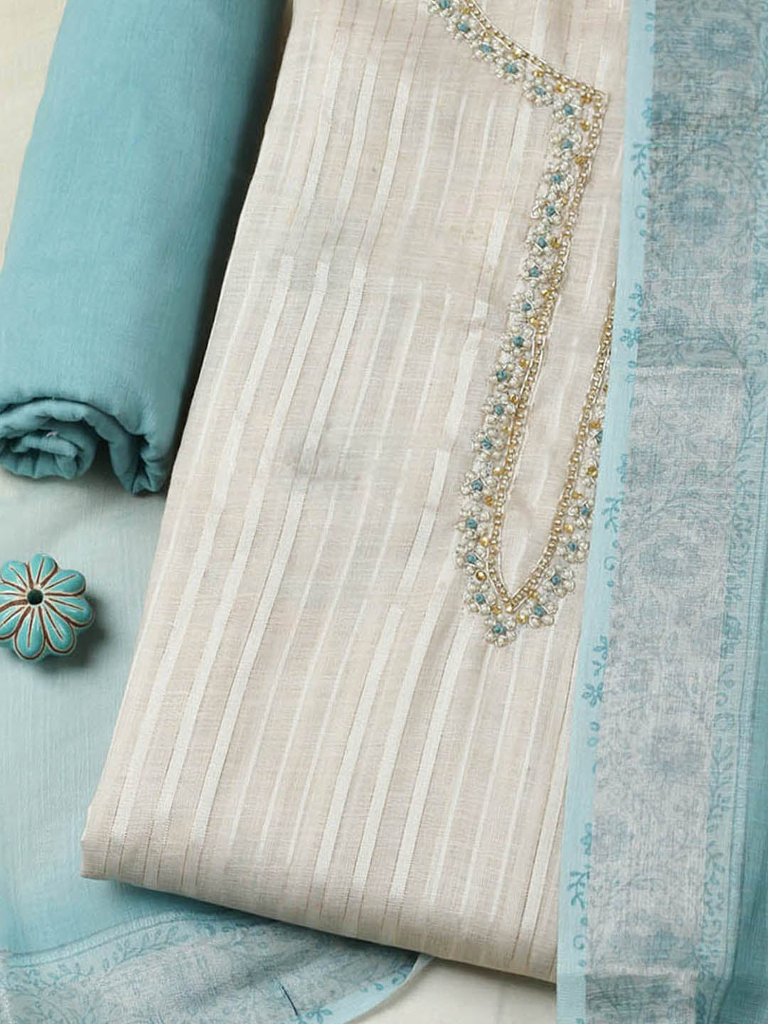 Embroidered Cotton Blend Unstitched Suit With Pant &amp; Dupatta