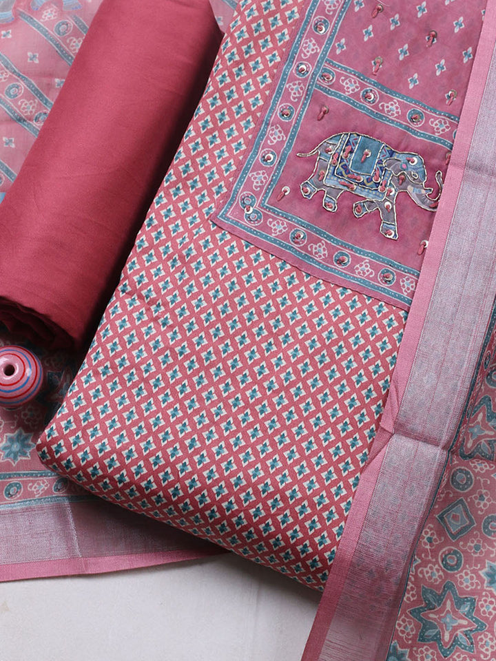 Printed Cotton Blend Unstitched Suit With Pant &amp; Dupatta