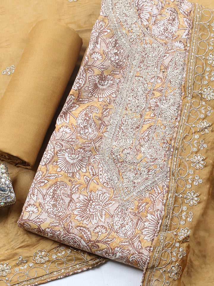 Printed Cotton Blend Unstitched Suit With Pant &amp; Dupatta