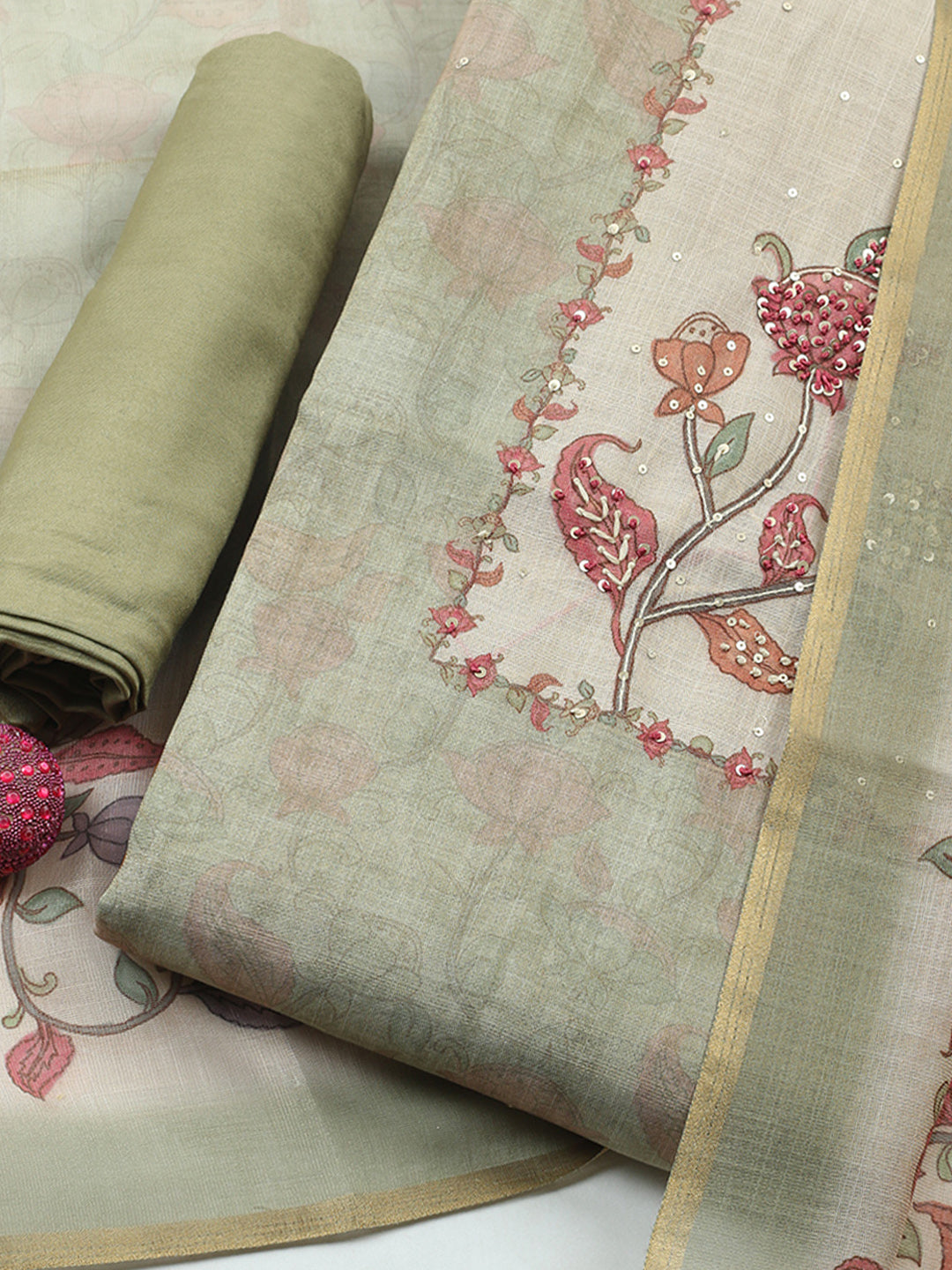 Printed Linen Blend Unstitched Suit With Pant &amp; Dupatta