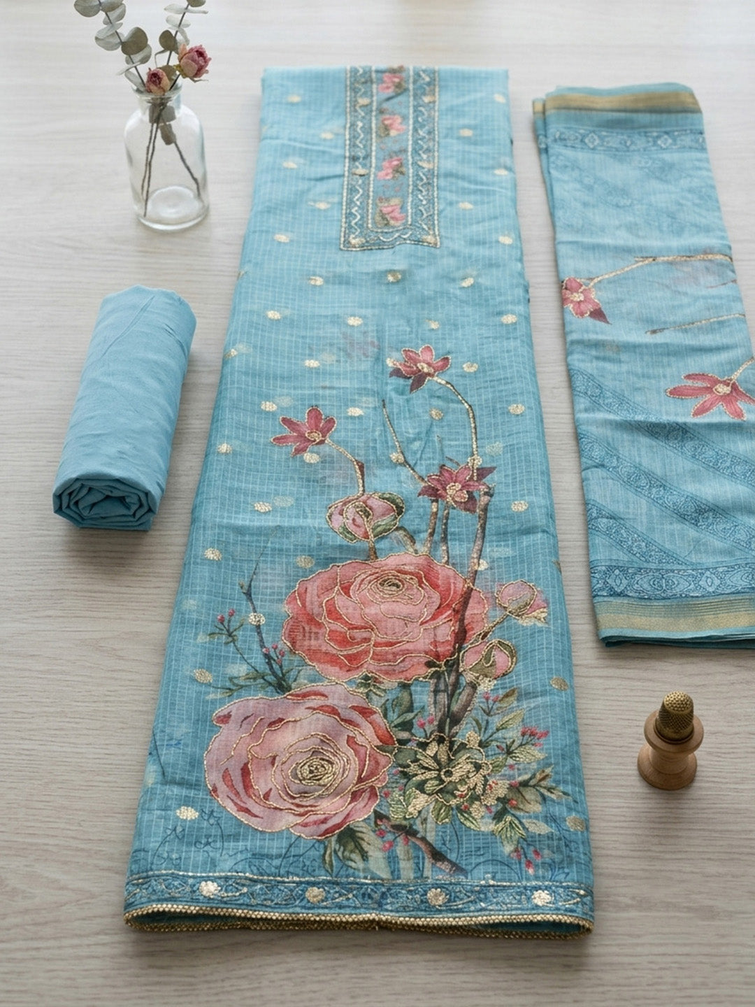 Embroidered Cotton Blend Unstitched Suit With Pant &amp; Dupatta