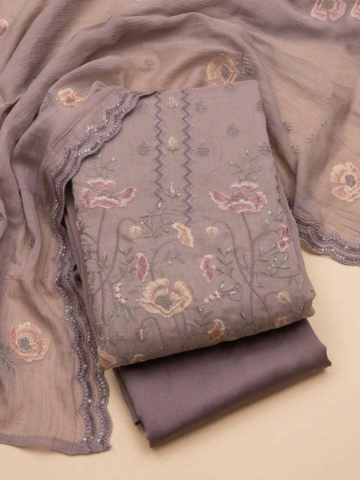 Lavender Chanderi Printed Unstitched Dress Material