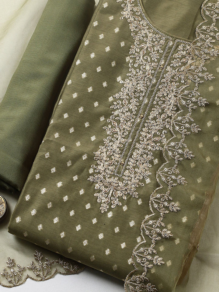 Embroidered Chanderi Unstitched Suit With Pant &amp; Dupatta