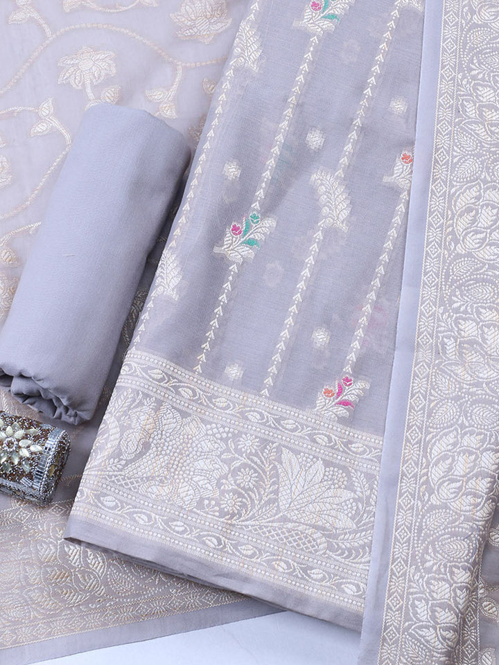 Woven Design Chanderi Unstitched Suit With Pant &amp; Dupatta