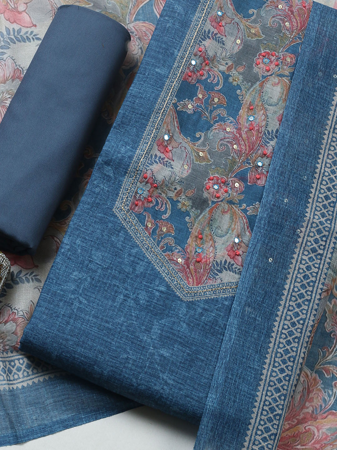 Embroidered Linen Blend Unstitched Suit With Pant &amp; Dupatta