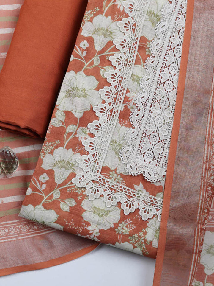 Embroidered Linen Blend Unstitched Suit With Pant &amp; Dupatta