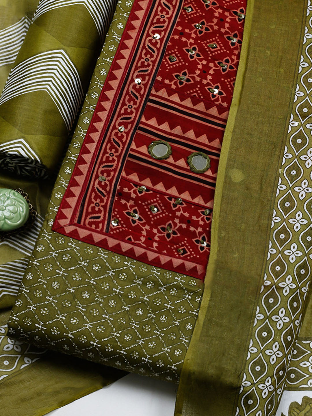 Printed Cotton Blend Unstitched Suit With Pant &amp; Dupatta