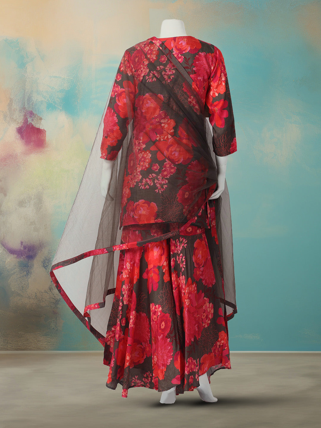 Printed With Embroidered Cotton Blend Kurta With Garara &amp; Dupatta