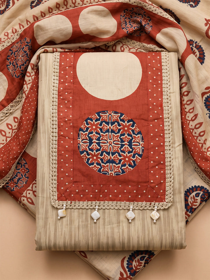 Beige Cotton Blend Embroidered Unstitched Dress Material