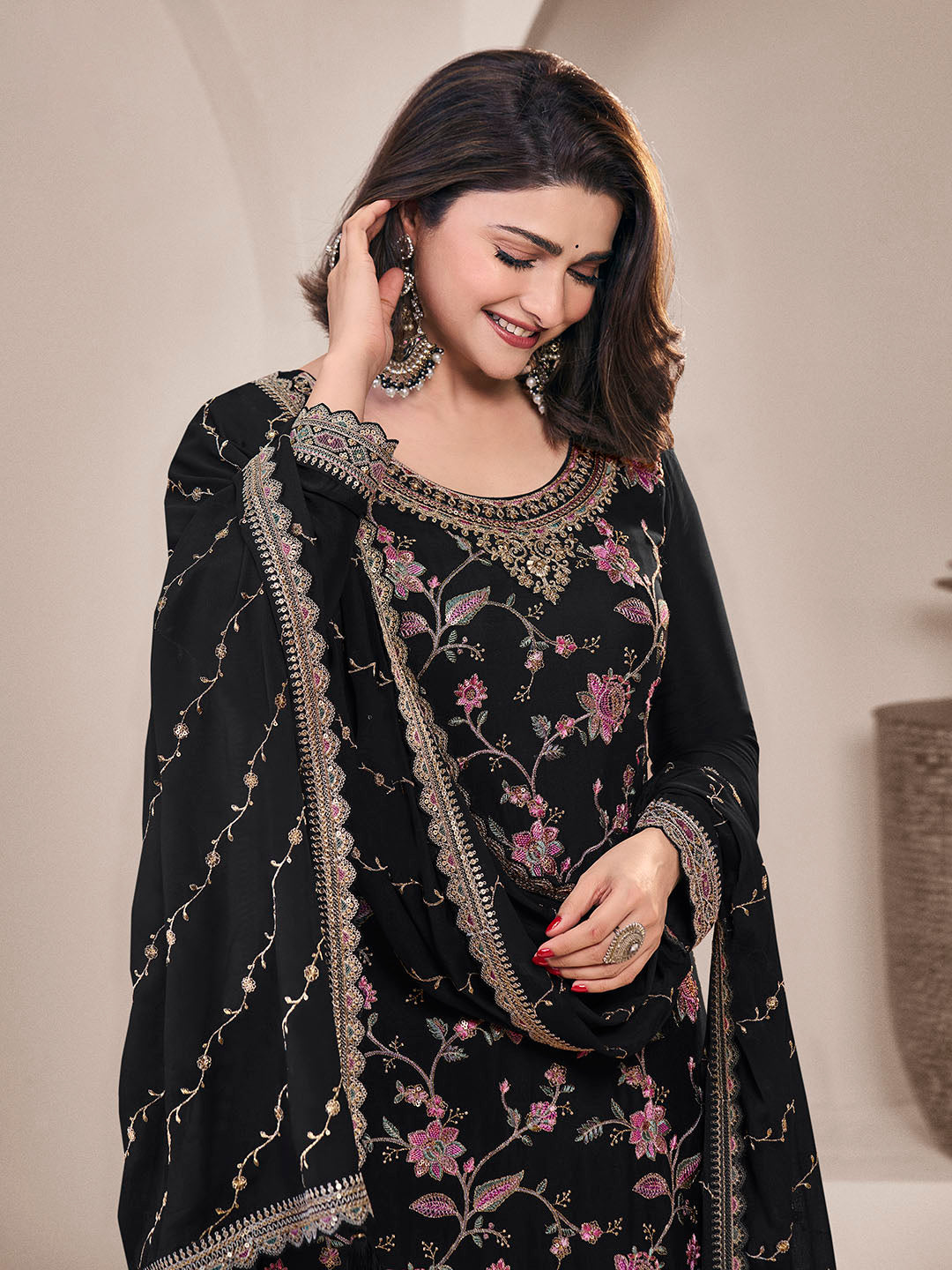 Embroidered Chinon Unstitched Suit With Pant &amp; Dupatta