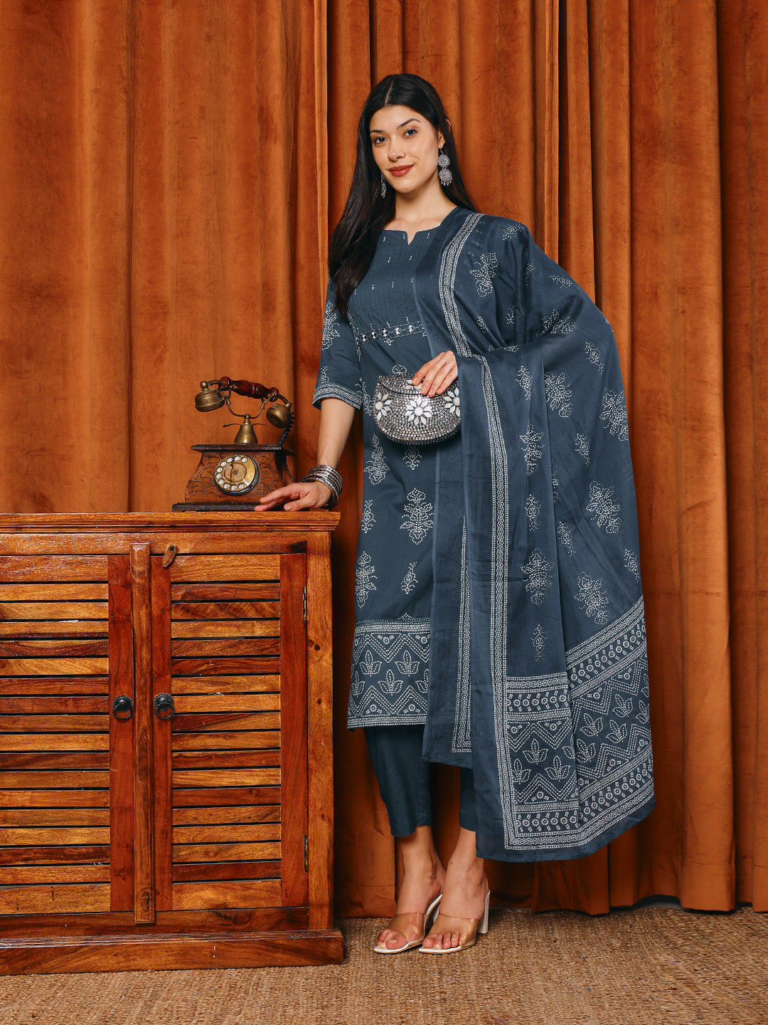 Printed Cotton Blend Kurta With Pants & Dupatta