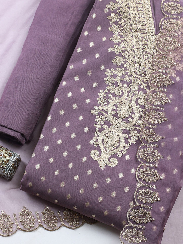Embroidered Chanderi Unstitched Suit With Pant &amp; Dupatta