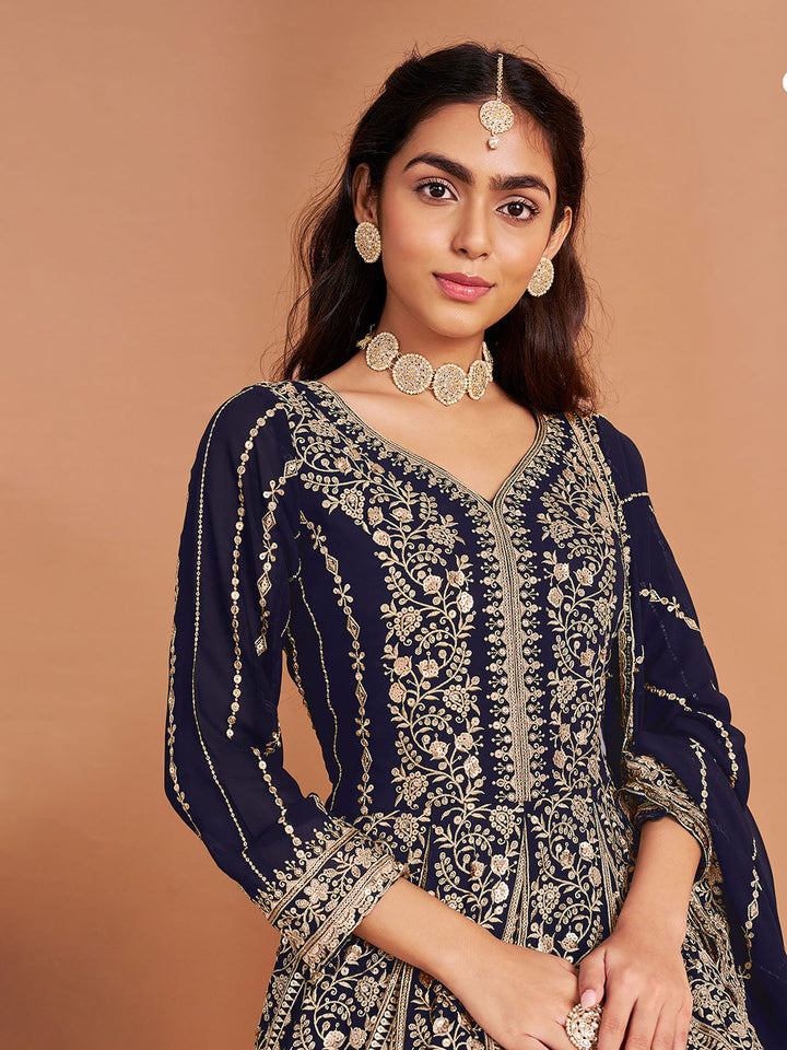 Embroidered Georgette Semi Stitched Suit With Pant &amp; Dupatta