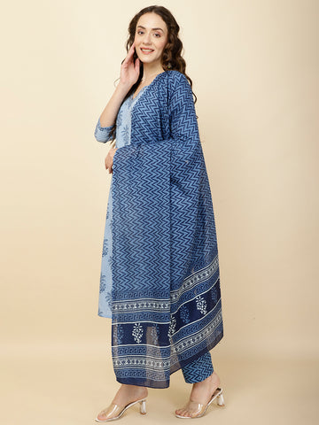 Block Print Cotton Suit Set With Dupatta