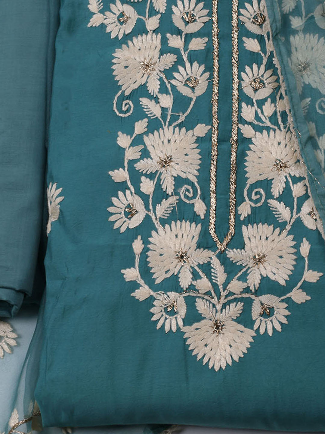 Neck Embroidered Chanderi Unstitched Suit With Dupatta