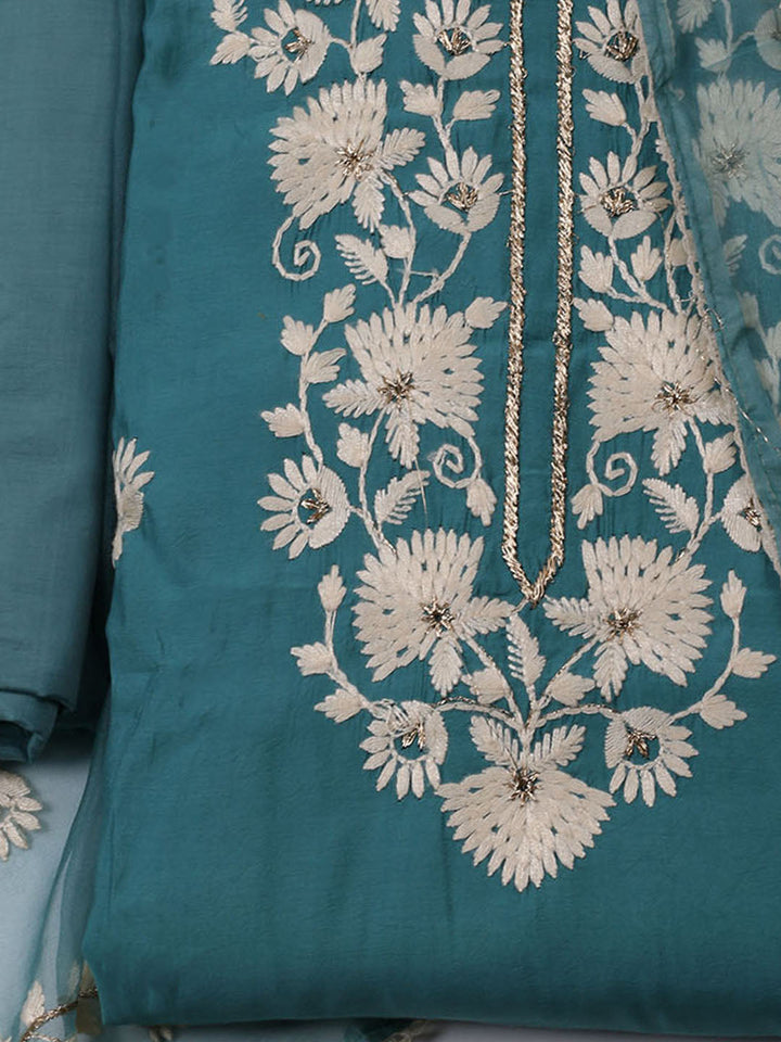 Neck Embroidered Chanderi Unstitched Suit With Dupatta