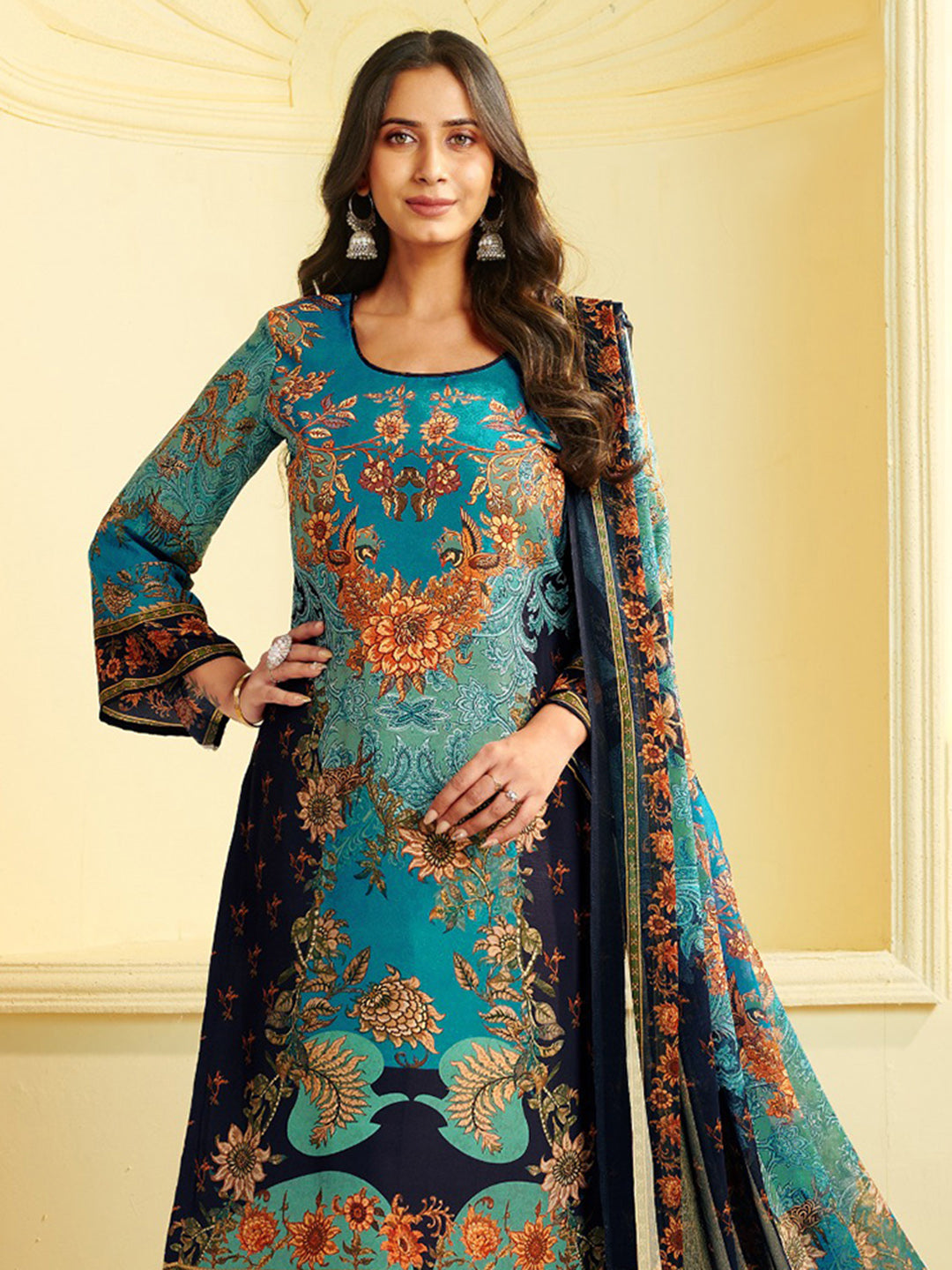 Printed Crepe Unstitched Suit With Pant &amp; Dupatta