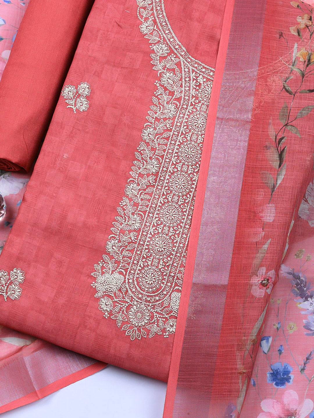Embroidered Linen Blend Unstitched Suit With Pant &amp; Dupatta