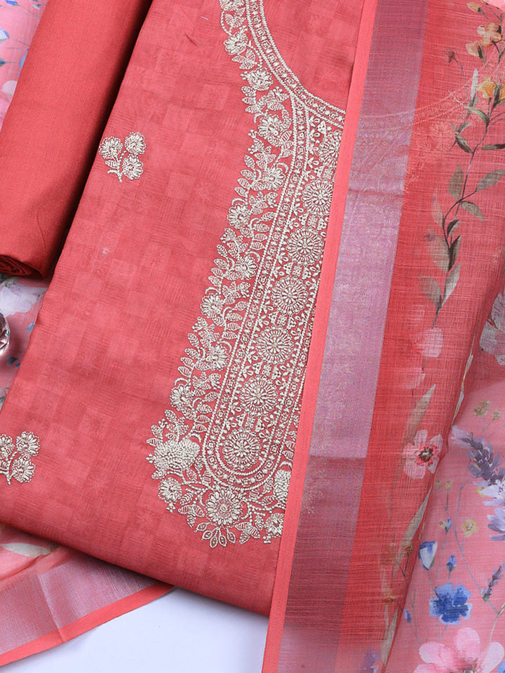Embroidered Linen Blend Unstitched Suit With Pant &amp; Dupatta