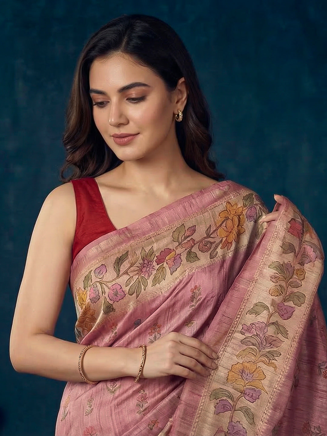 Floral Print Tussar Silk Saree