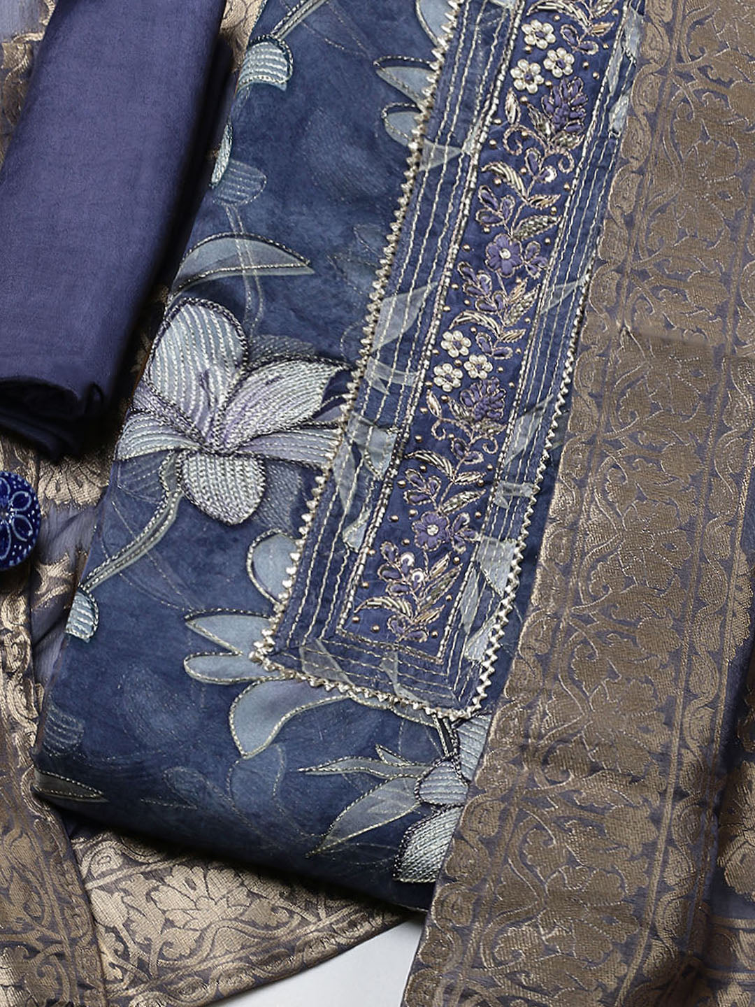 Embroidered Organza Unstitched Suit With Pant &amp; Dupatta