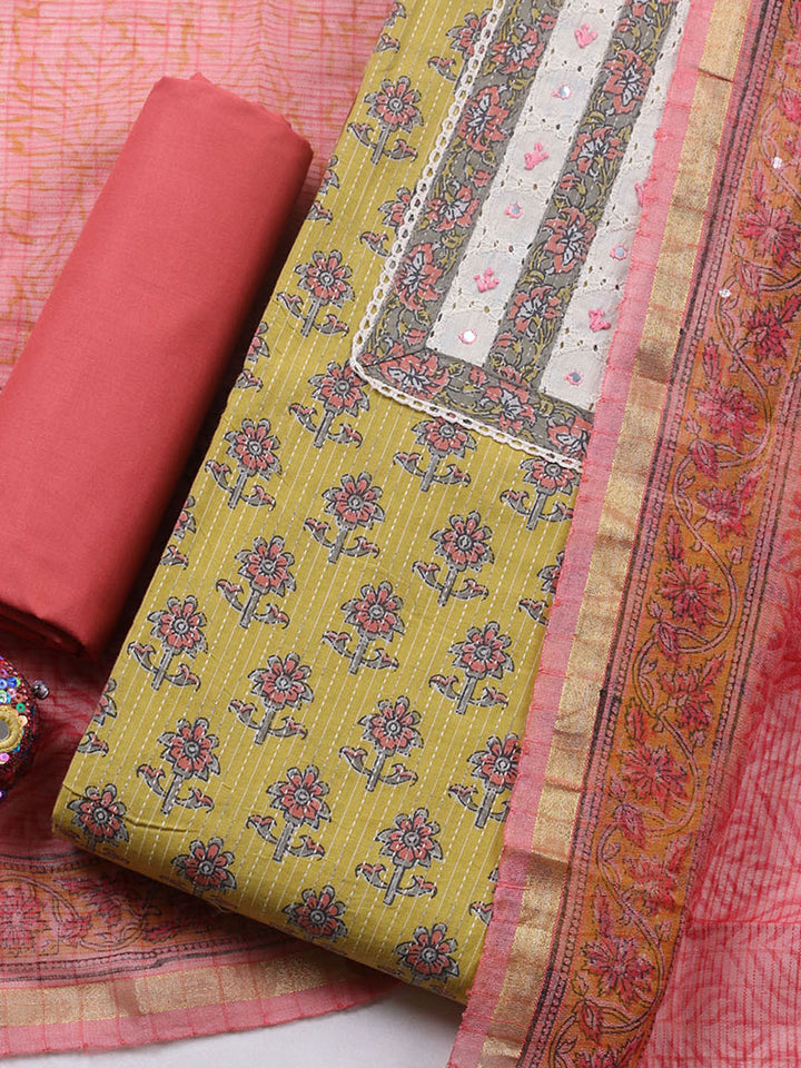 Printed Cotton Blend Unstitched Suit With Pant &amp; Dupatta