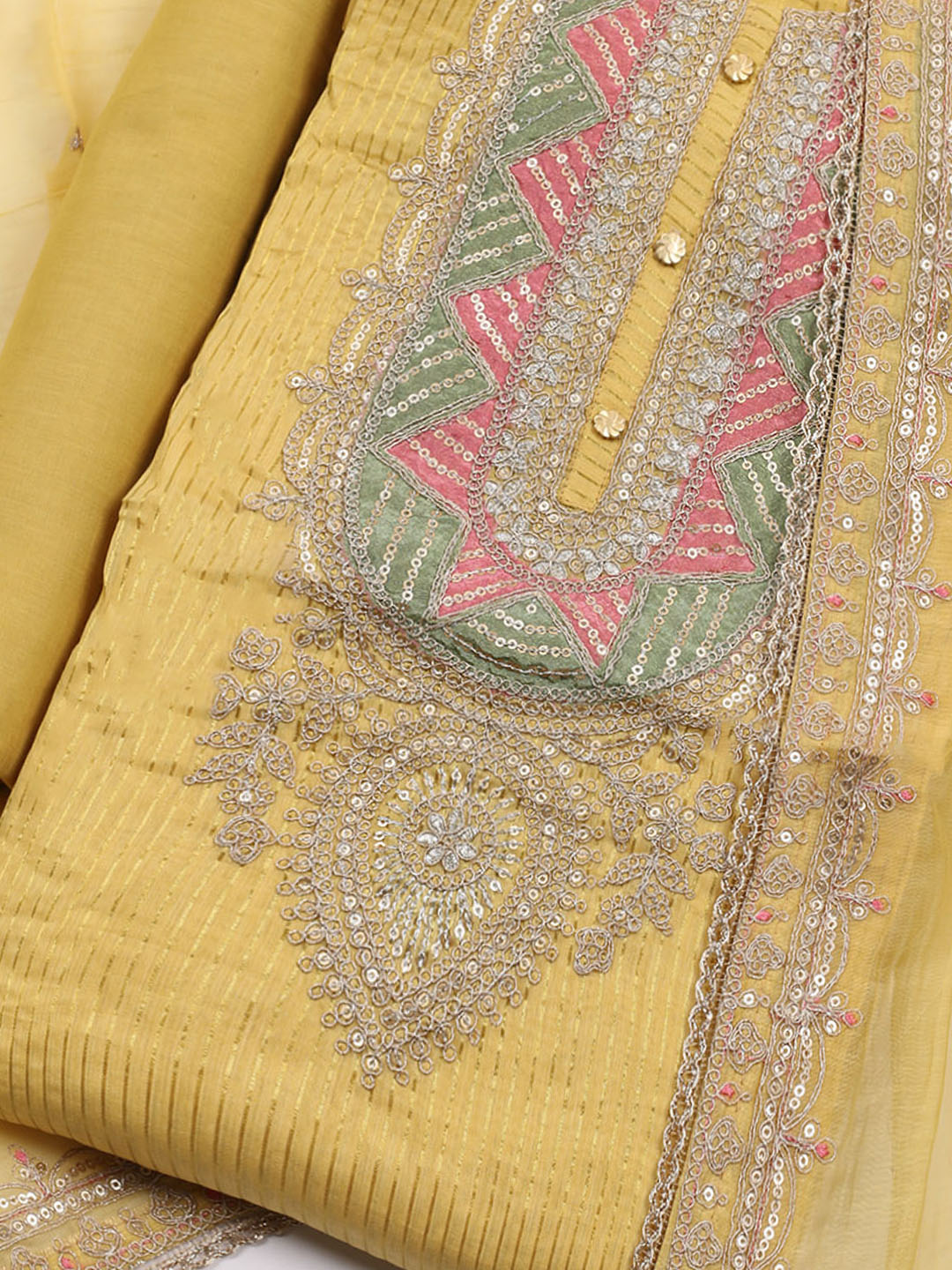 Neck Embroidered Chanderi Unstitched Suit With Dupatta