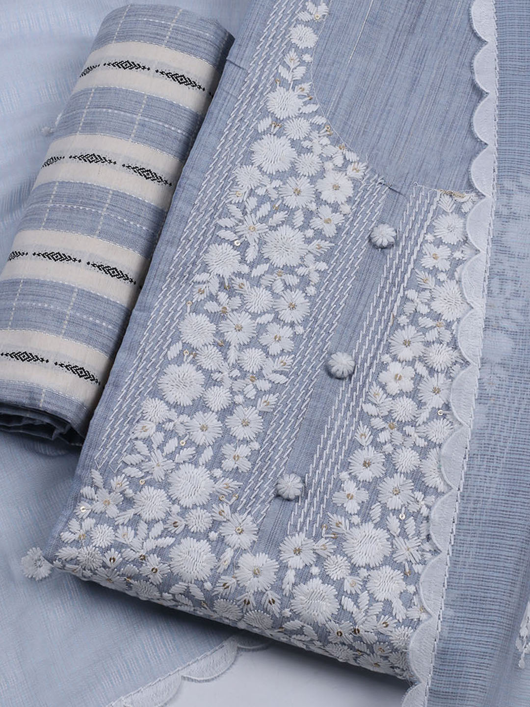 Neck Embroidered Cotton Blend Unstitched Suit With Dupatta