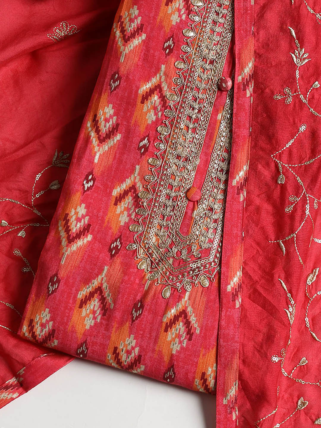 Gota Neck Cotton Blend Unstitched Suit With Dupatta