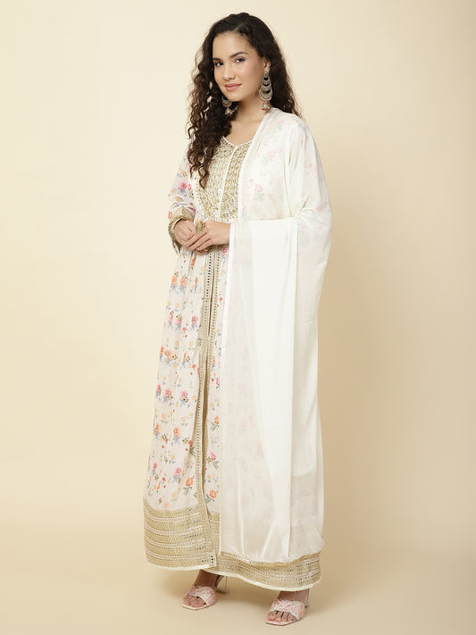 Floral Printed Georgette Kurta With Pants & Dupatta