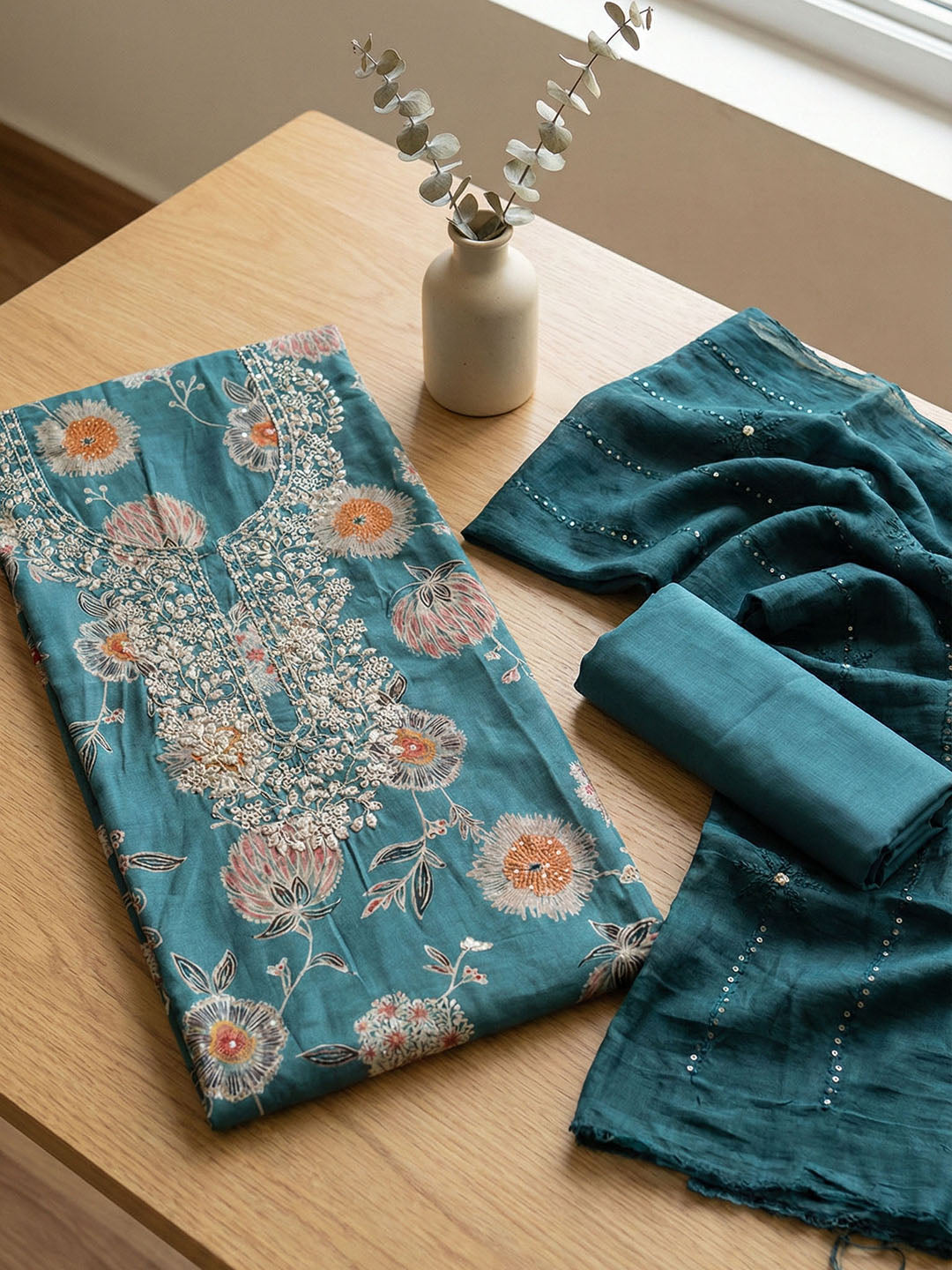 Embroidered Chanderi Unstitched Suit With Pant &amp; Dupatta