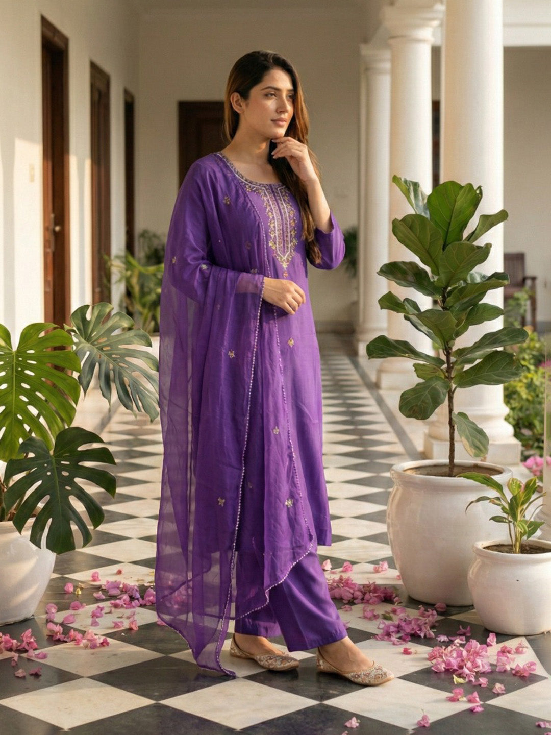 Embroidered Cotton Blend Kurta With Pant &amp; Dupatta