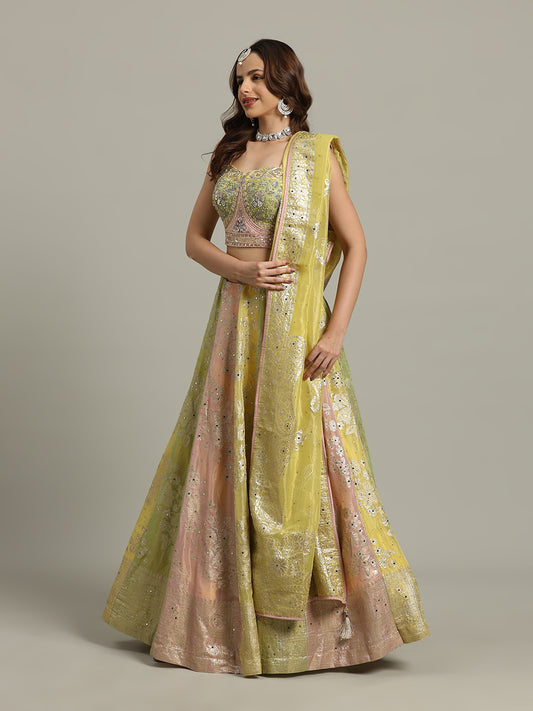 Multi Kali Tissue Choli With Lehenga & Dupatta