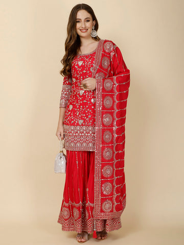 All Over Sequin Embroidery Crepe Suit Set With Garara & Dupatta
