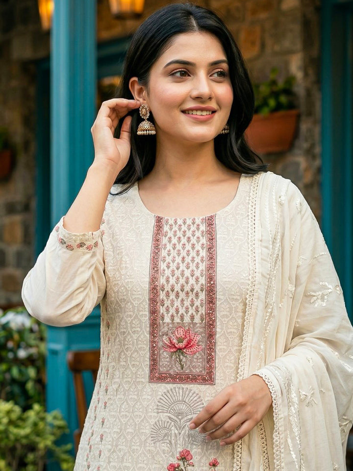 Cream Embroidered Cotton Blend Straight Suit Set With Dupatta