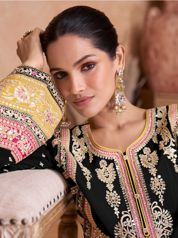 Embroidered Chinon Kurta With Plazzo &amp; Dupatta