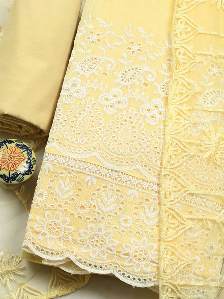 Embroidered Chanderi Unstitched Suit With Pant &amp; Dupatta