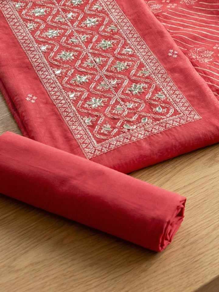 Embroidered Cotton Blend Unstitched Suit With Pant &amp; Dupatta