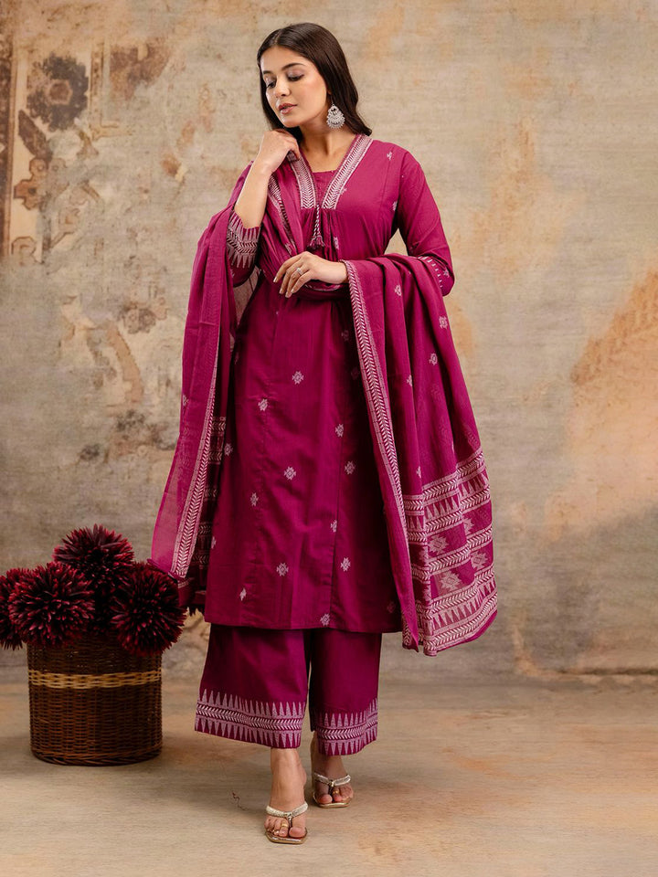 Wine Cotton Blend Printed Straight Suit Set