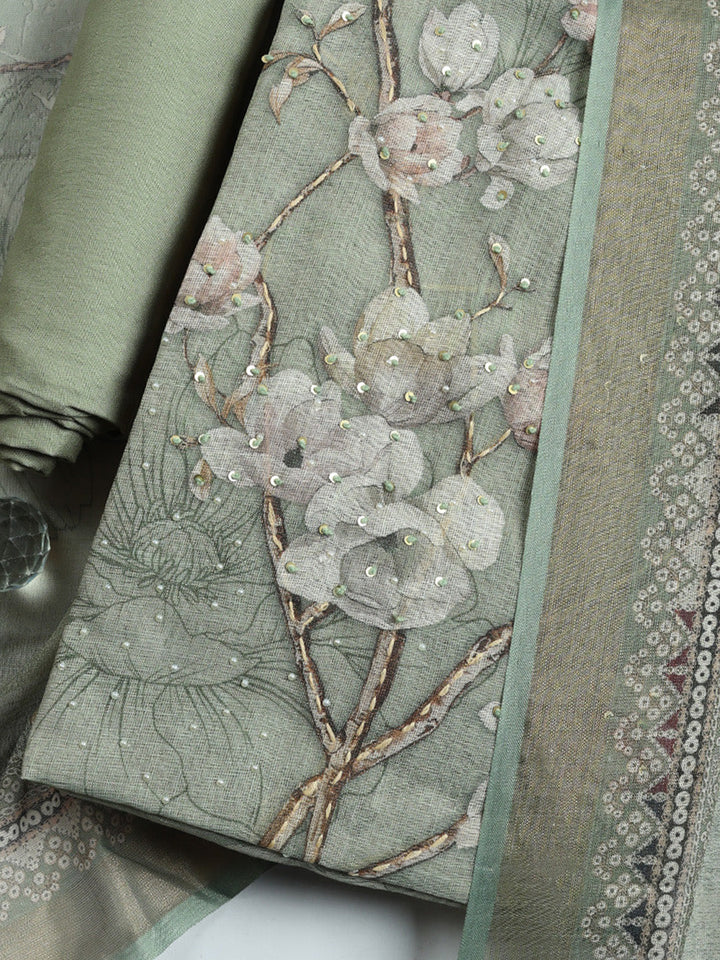Printed Linen Blend Unstitched Suit With Pant &amp; Dupatta